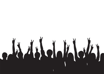 Vector art of silhouette of a crowd of people with their hands raised on