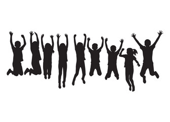 Vector art of silhouette of children jumping with raised hands