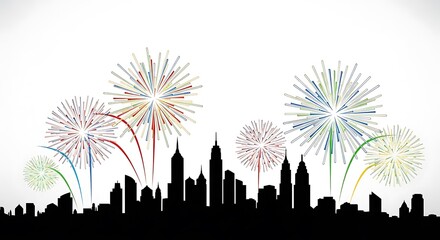 Silhouette of a city skyline with colorful fireworks exploding in the night sky during a celebration.
