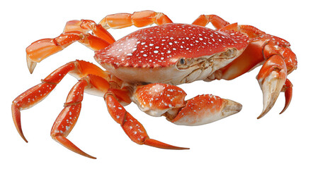 A red crab with white spots is isolated on a white background, showcasing its detailed structure and vibrant color.
