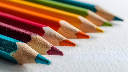 Colorful drawing pencils lined up in a bright, vibrant, and sharp arrangement.