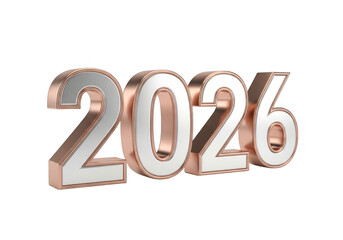 Shiny rose gold 3d numbers 2026 isolated on transparent background