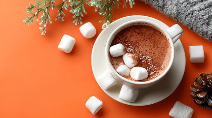 Warm holiday charm with hot cocoa, marshmallows, and snowflake ornaments on a bright winter background, perfect for cheerful festive promotions.