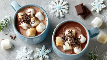 Flat lay of rich hot chocolate with toasted marshmallows and chocolate shavings, styled with snowflake decor on a clean white table.