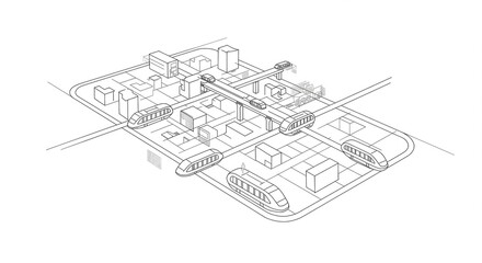 Futuristic cityscape showcasing advanced transit system with elevated monorails and sleek pod vehicles seamlessly connecting modern buildings for efficient urban mobility