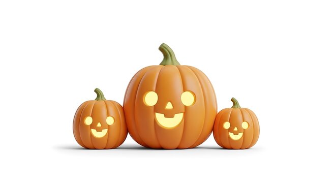 Three glowing jack-o'-lanterns with carved happy faces, a large one in the center flanked by two smaller ones, isolated on a white background.