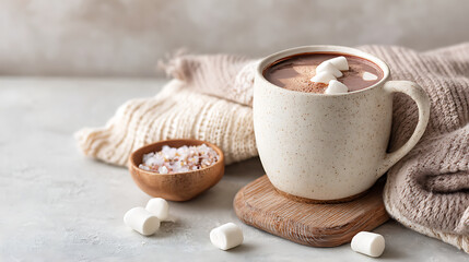 Minimalist shot of hot chocolate with marshmallows in a white ceramic mug on a neutral background, ideal for elegant winter visuals.