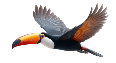 A vibrant toucan is captured in mid-flight, showcasing its striking large beak and expansive wings.