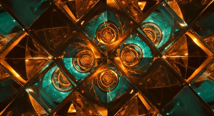 Fototapeta premium Abstract glass art features geometric shapes and patterns in warm amber and cool teal hues.