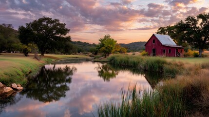 Red barn sits by a reflective pond at sunset with colorful clouds.