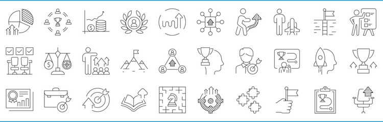 Mission and ambition related line icons set. Vector editable stroke.