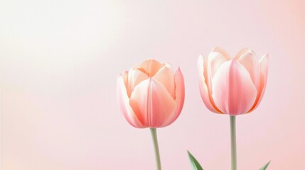 Naklejka premium Close-up two pink tulips their stems leaves are tulip flower