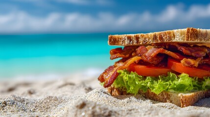 Bacon tomato lettuce sandwich rests on sandy beach with ocean backdrop.