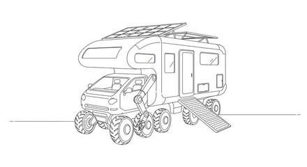 Futuristic solar-powered RV vehicle for off-grid adventure and sustainable travel, ready for exploration