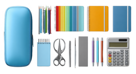 Assortment of stationery items including a blue pencil case, colorful notebooks, pens, scissors, and a calculator for office or school use.