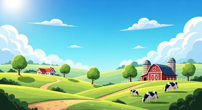 Vibrant cartoon illustration of a traditional summer farm landscape with rolling green hills, a red barn, silos, a farmhouse, cows grazing, and a sunny blue sky.