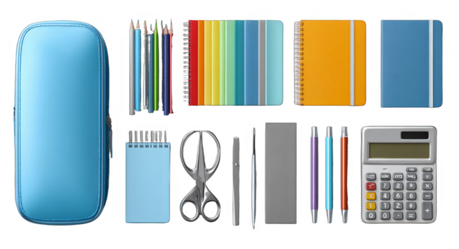 Assortment of stationery items including a blue pencil case, colorful notebooks, pens, scissors, and a calculator for office or school use. - Powered by Adobe