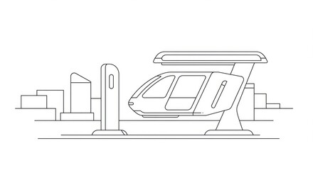 Sleek futuristic pod transportation system docking at a modern station with abstract cityscape background, envisioning efficient urban transit.