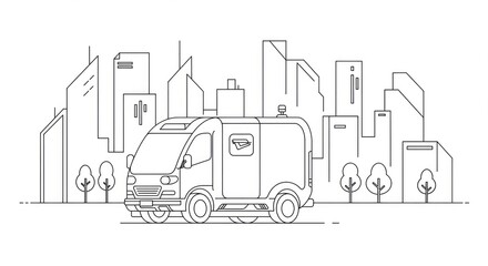 Modern delivery van navigating a stylized cityscape with clean architectural lines and minimalist trees, symbolizing efficient urban logistics and future transportation solutions for businesses.