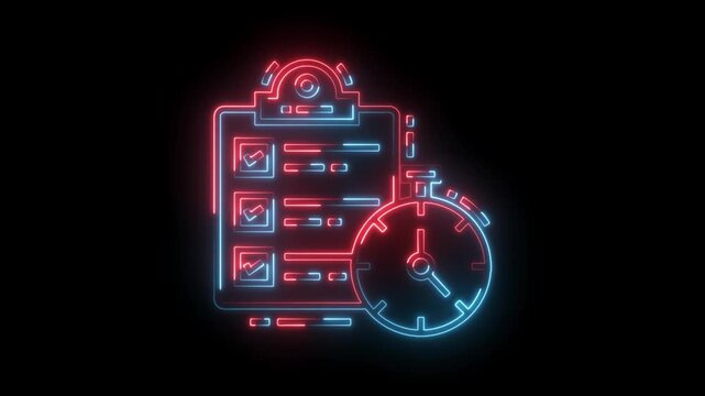Neon checklist and timer icon animation efficiency task management and productivity