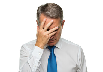 Man holding his face in despair isolated on transparent background