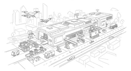 Cutting-edge automated warehouse operations featuring drones, robots, and smart logistics in a dynamic cityscape, showcasing future industry efficiency and innovation.