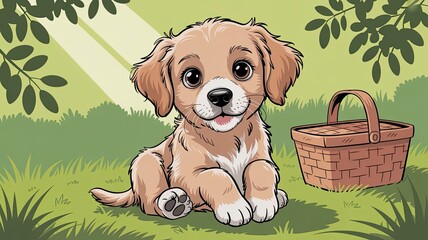 Cute Cartoon Puppy Sitting in Grass with Basket in Sunny Park