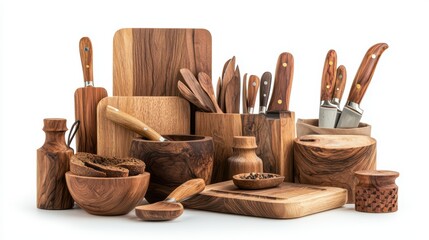 Wooden kitchenware and utensils collection.