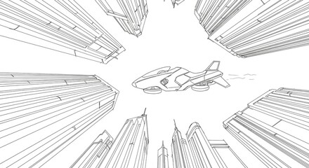 Futuristic aerial vehicle soars between towering skyscrapers in a high-tech city, capturing the essence of advanced urban transport and innovation.