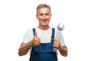 Mechanic holding a wrench and giving thumbs up isolated on transparent background