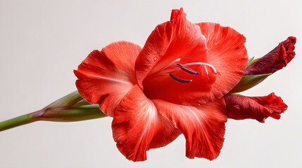 A vibrant red gladiolus flower blooms with delicate petals and budding flowers.