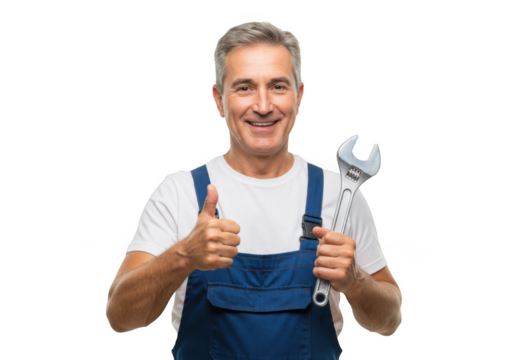 Mechanic holding a wrench and giving thumbs up isolated on transparent background