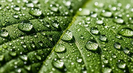 Close-up of a vibrant green leaf covered in numerous glistening water droplets after a rain shower.