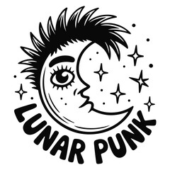 Whimsical hand drawn crescent moon with spiky hair and stars text lunar punk