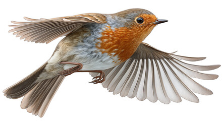 Fototapeta premium A small bird with an orange chest is captured in mid-flight, showcasing its wings spread wide.