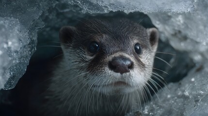 Obraz premium Curious otter peeks from an icy den.