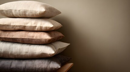 Stack of textured throw pillows in neutral tones on a wooden surface.