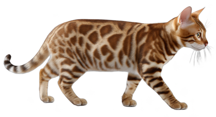 A Bengal cat displaying its unique spotted and striped coat while moving in a graceful manner.