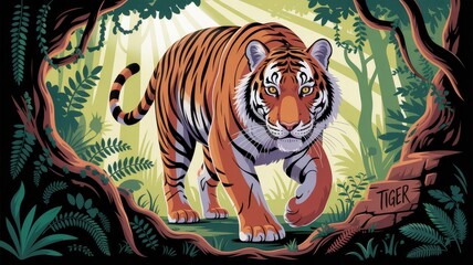 Fototapeta premium Majestic Tiger Walking Through Lush Jungle with Sunlight Beams