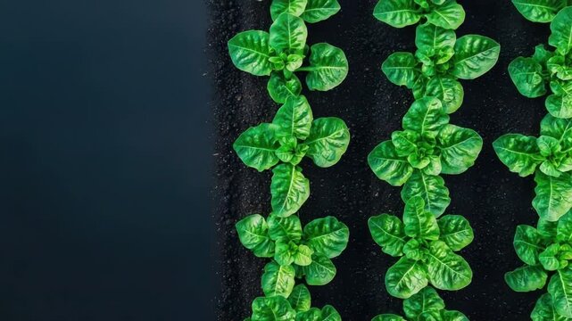 Fresh Green Leafy Vegetables Growing in Rows on Dark Soil in a Garden or Farm Setting Under Bright Natural Light 4k video footage