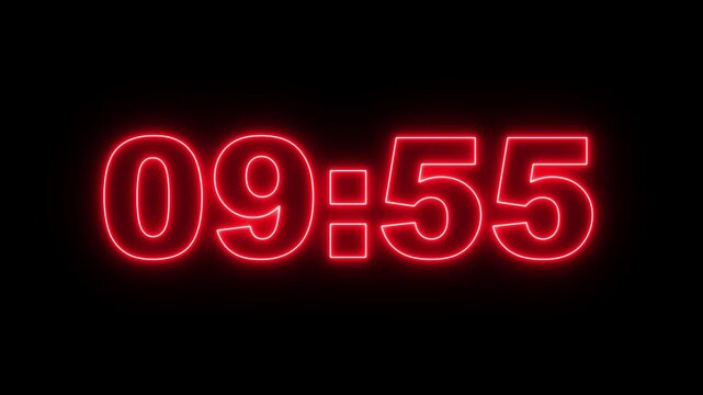 glowing neon 10 minute Countdown timer. neon 10 to 9 minute Countdown timer on black background.