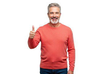 Smiling man with gray hair giving thumbs up isolated on transparent background