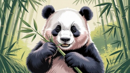 Fototapeta premium Adorable Panda Chewing Bamboo Surrounded by Lush Greenery