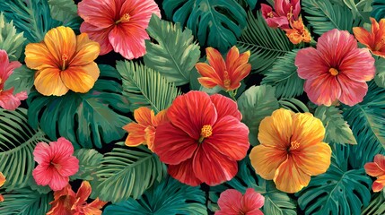 Colorful hibiscus and tropical leaves create a vibrant floral pattern.