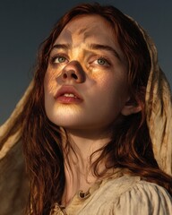 A red-haired woman stands confidently in golden desert wind as a wild cat face blends into light and shadow, symbolizing strength and freedom.