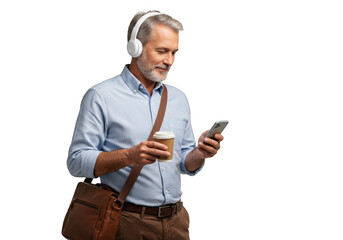 Man with headphones and coffee isolated on transparent background