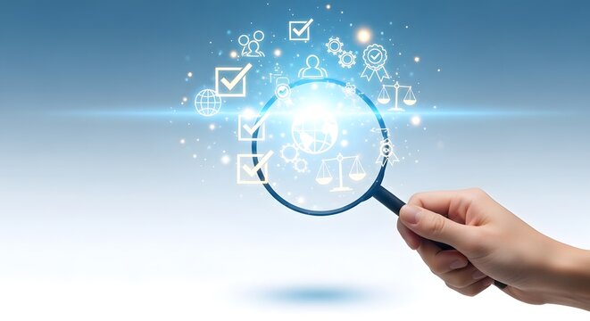 Magnifying glass over digital network of icons representing quality control, compliance, and business processes