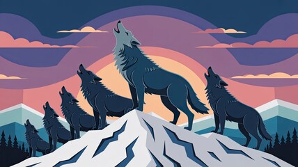 Howling Wolves at Sunset on Mountain with Colorful Sky Background