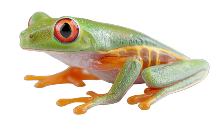 A green tree frog with vibrant red eyes and orange limbs, showcasing its vivid coloration and unique physical features.