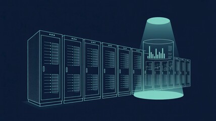 Futuristic Data Center Design with Servers and Data Visualization